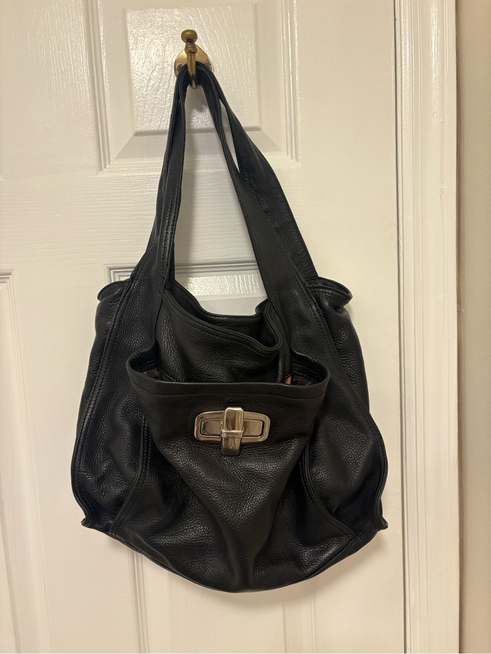 B. Makowsky Black Leather Shoulder Bag with Leopard-Print Lining